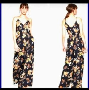 NWT Spring Navy Blue Jumpsuit with Yellow-Gold Floral print Slit